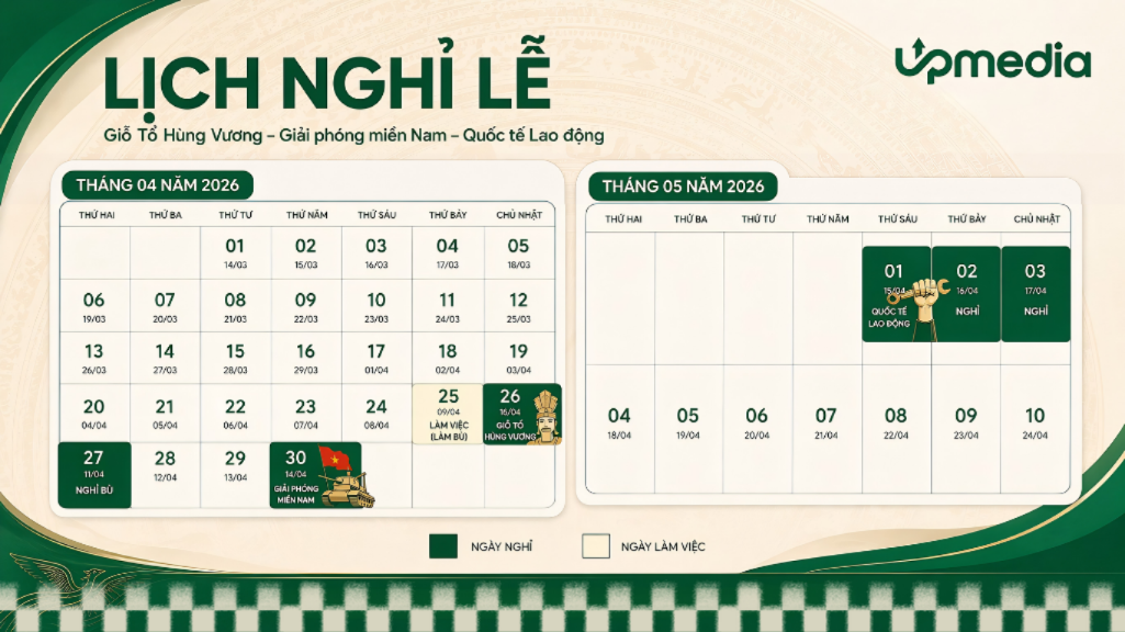 THÔNG BÁO LỊCH NGHỈ LỄ (Giỗ Tổ Hùng Vương & 30/04 – 01/05) 1 nghỉ lễ